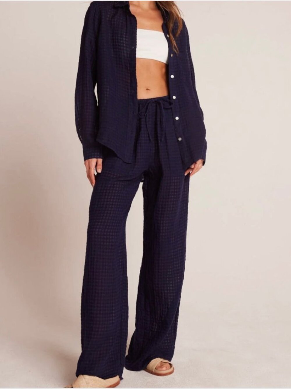 NWT BELLA DAHL Wide Leg Pocket Beach Pants in Navy Gingham Fabric Size XS